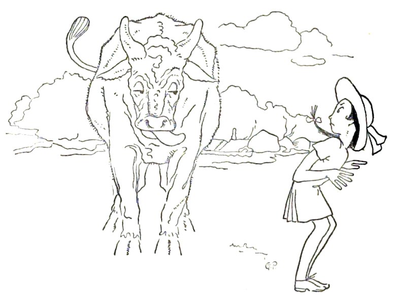 A black-and-white line drawing depicting a startling encounter where a young girl in a sun hat has just turned to see a large bull standing directly in front of her, the bull appearing to have its tongue out.