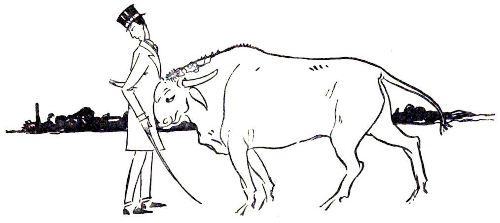 A man in a top hat and suit standing calmly beside a large bull.