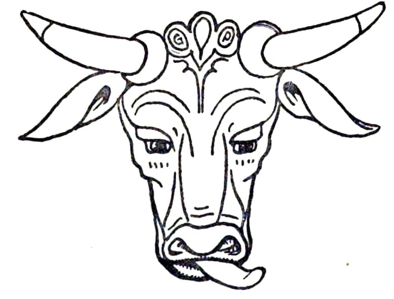 A stylized black-and-white line drawing of a bull