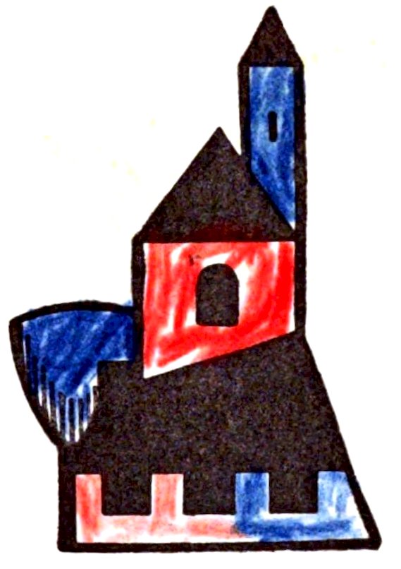 A colorful, geometric illustration of a castle featuring a tall blue tower, a red central section, and a dark base.