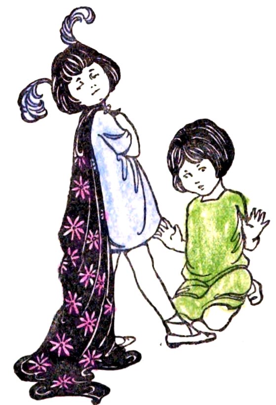 An illustration of a standing child with crossed arms wearing a long, pink-flowered black cape, while another child kneels behind them.