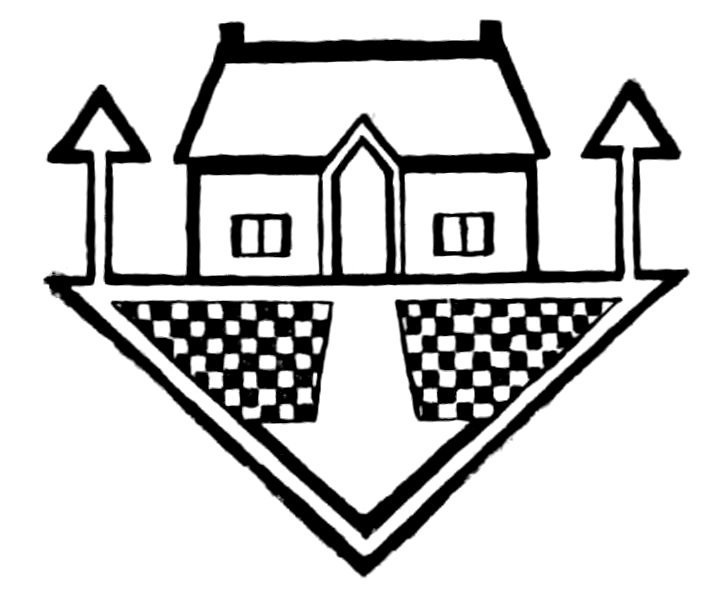 Line drawing of a house with a peaked doorway, windows, trees, and a triangular floating base decorated with checkerboard shading