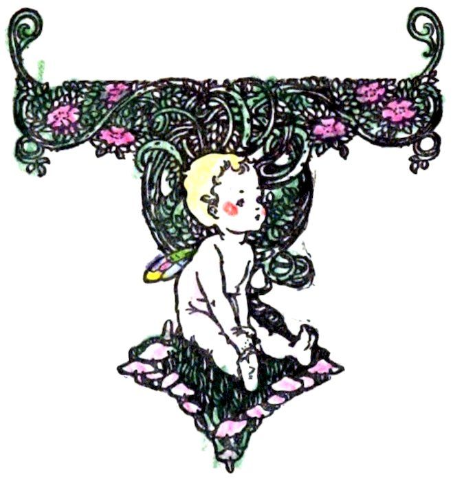Color illustration of a seated child beneath an ornate floral vine border with leaves and pink flowers