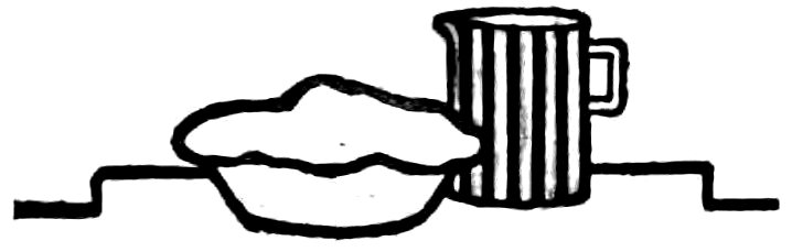 Black and white line drawing of a pie beside a striped mug on a surface