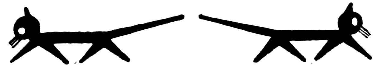 A black silhouette graphic of two stylized cats facing away from each other, their long, straight tails pointing inward and nearly meeting.