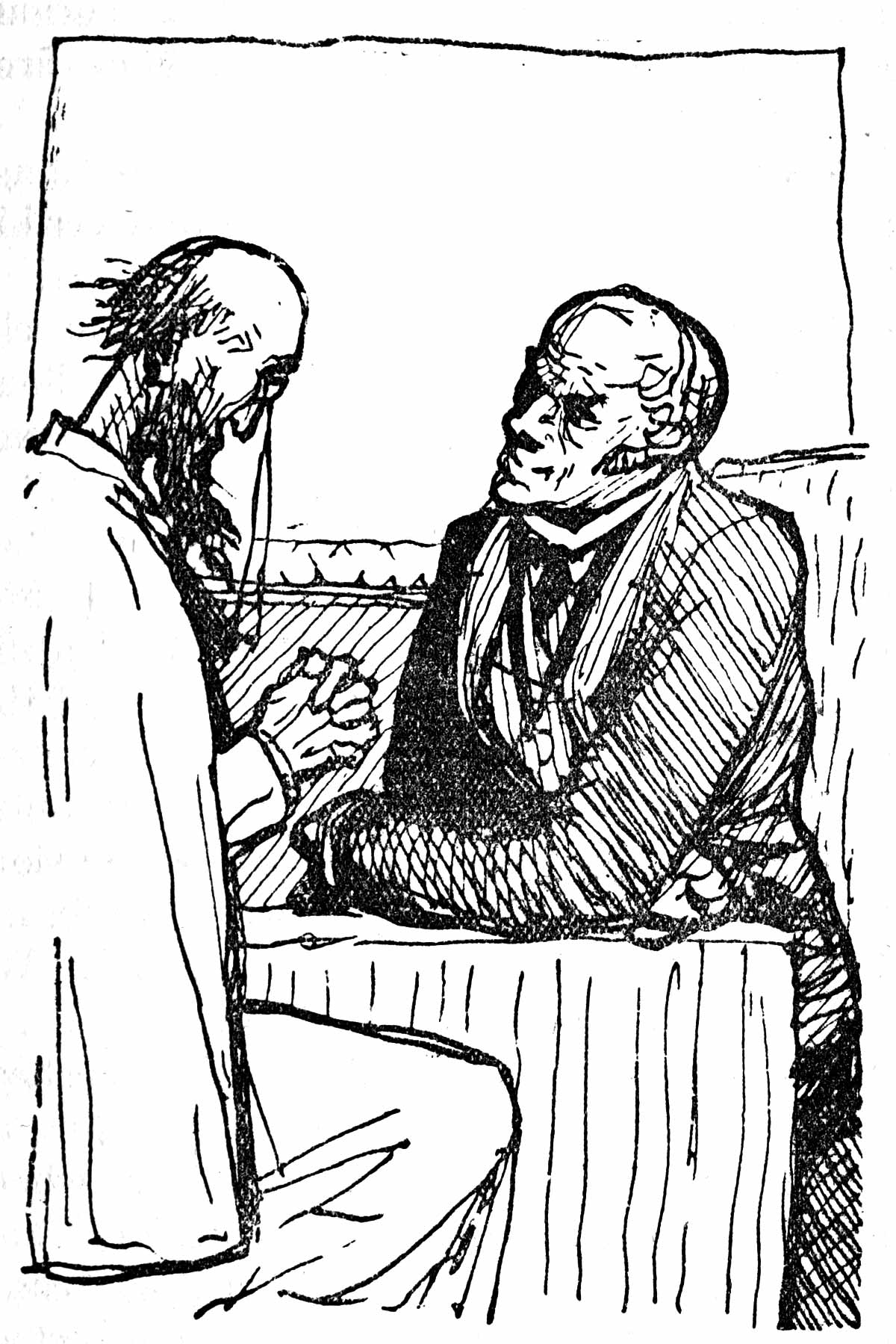 Two men are talking over a small table.