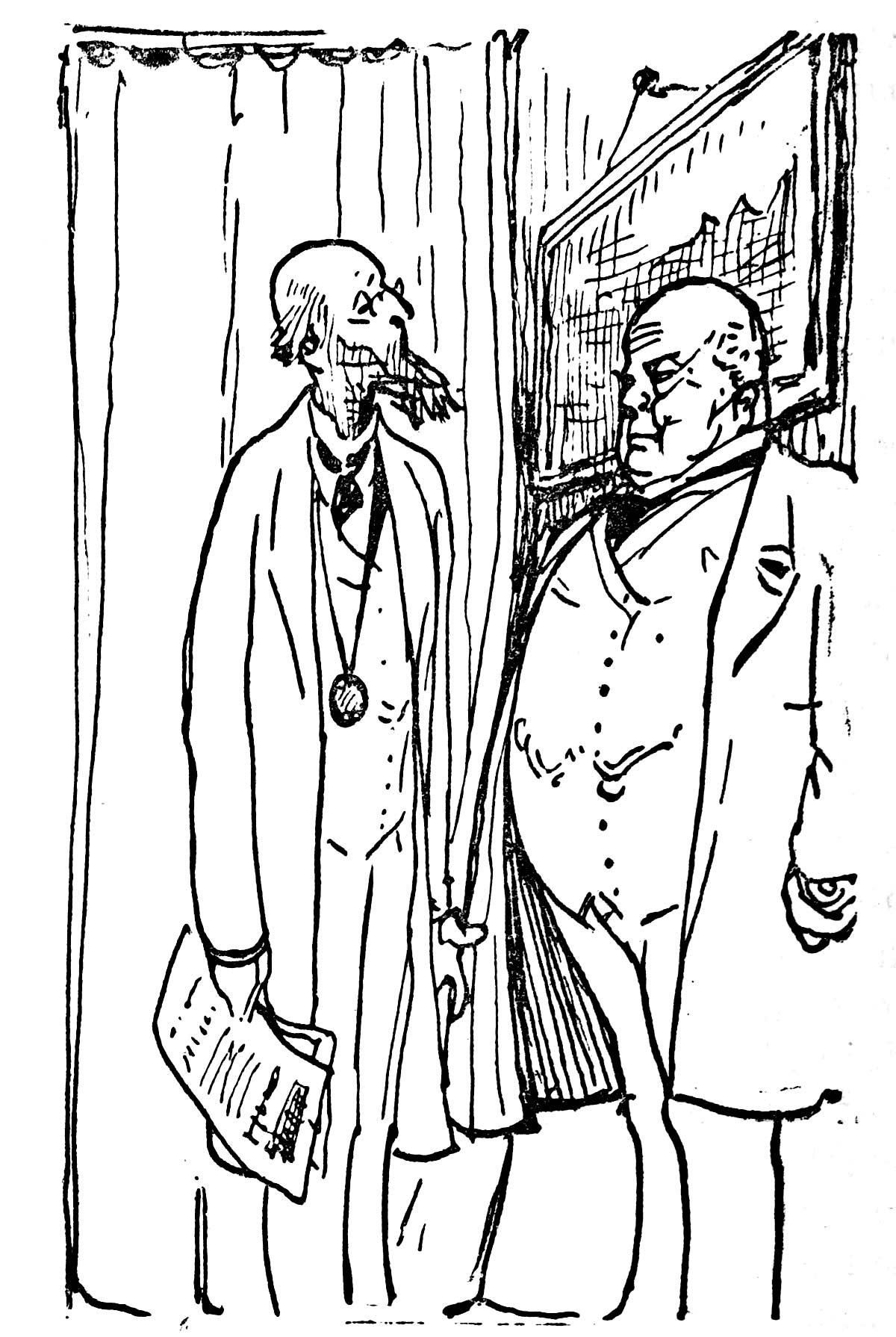 Two well-dressed men stand and talk with one another.