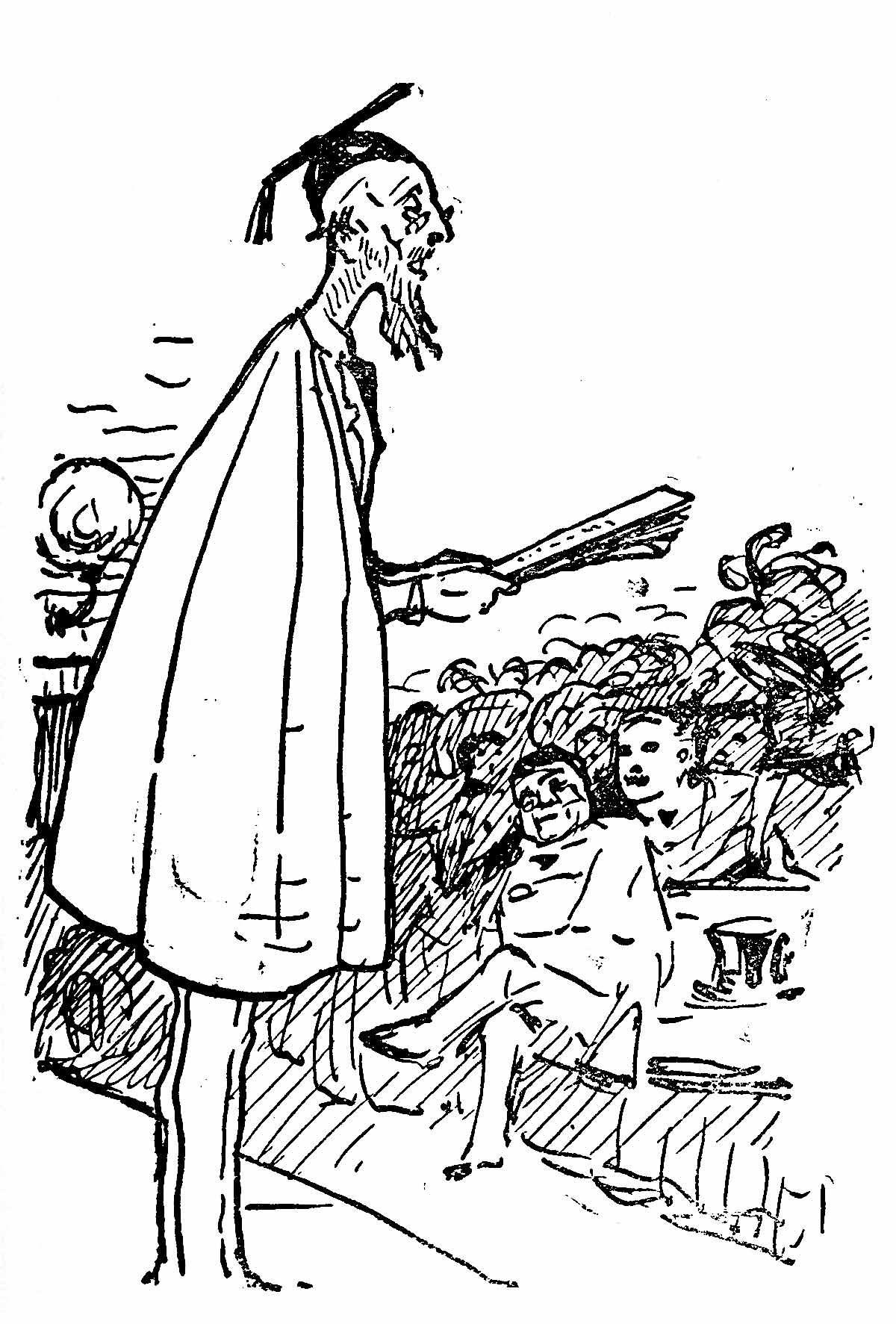 A man in a cap and gown stands addressing an audience.