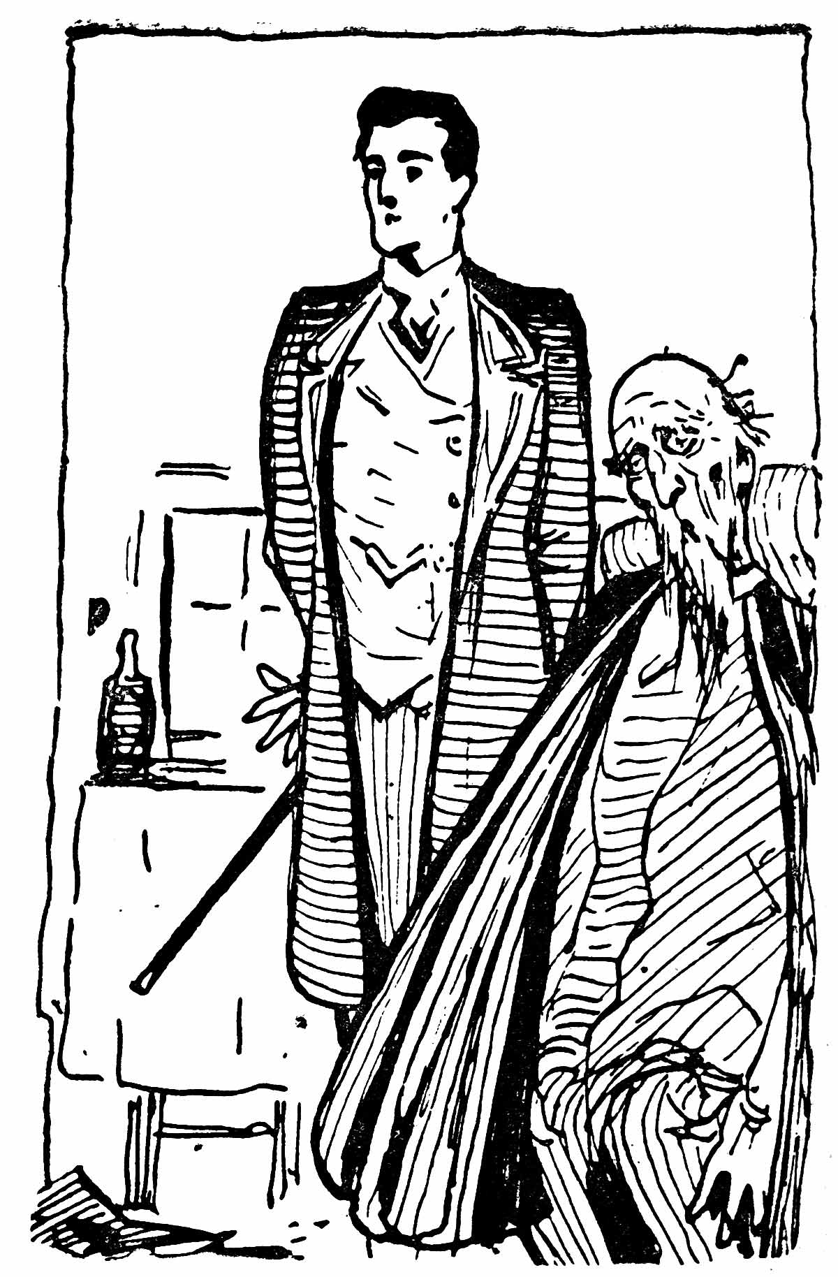 Two men, one elderly and possibly seated, with the other standing and well dressed.
