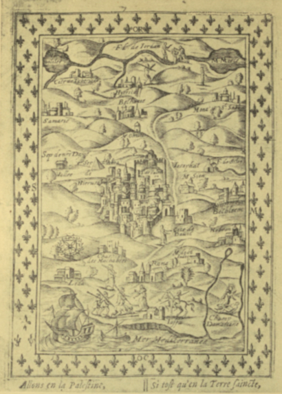 A stylized map of Jerusalem and the region around it.