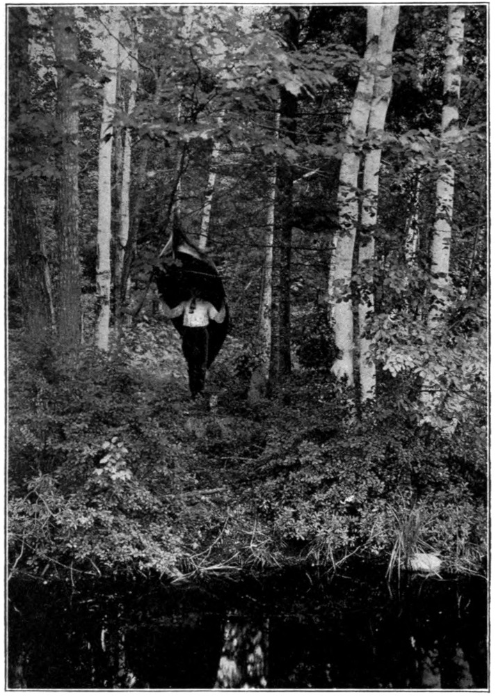 Photo of a man walking in a dense woods, portaging a canoe over his head