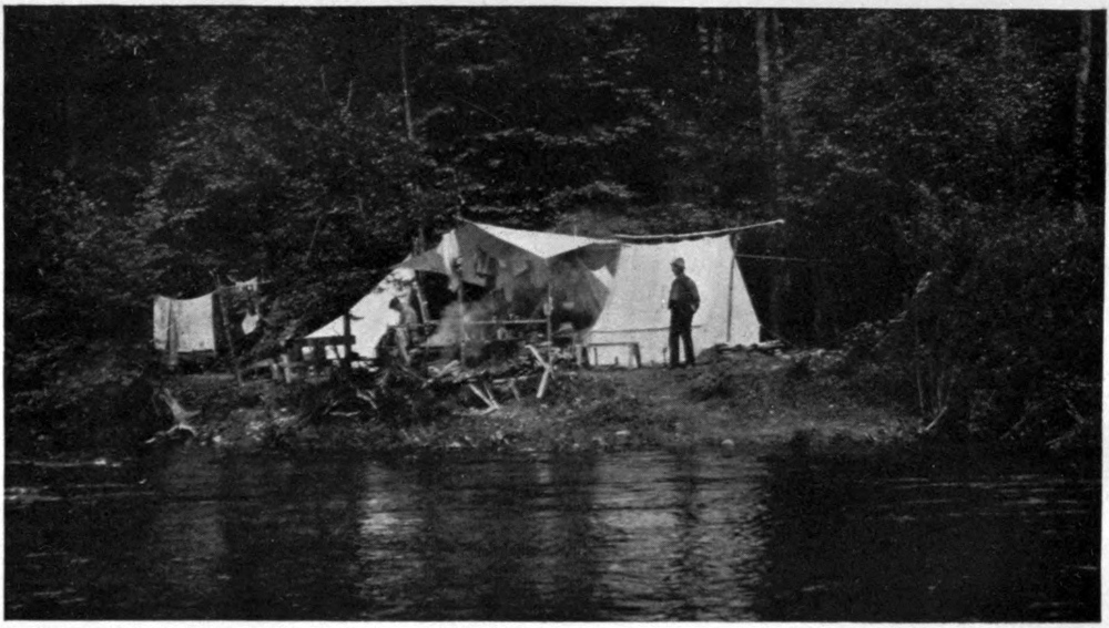 Night photo of camp with tent lit from within.