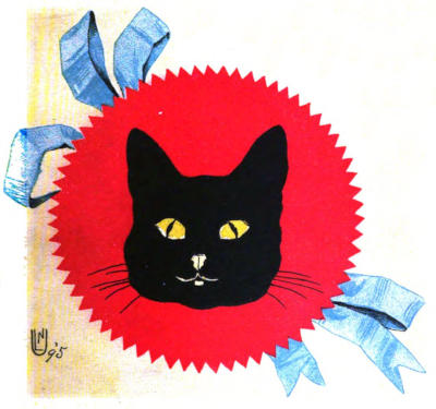 A black cat’s face
  in the center of a red rosette with a blue ribbon