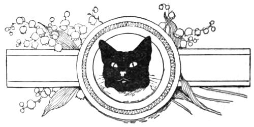 Decorative footer, cat head
  inside a border, flowers, perhaps bluebells