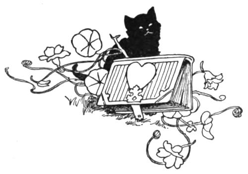 Decorative footer, black cat
  sitting on grass by a book surrounded by flowers