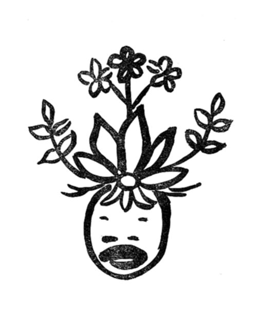 Figura de um
rosto com flores e folhas brotando do topo da cabeça como se fossem
cabelos.