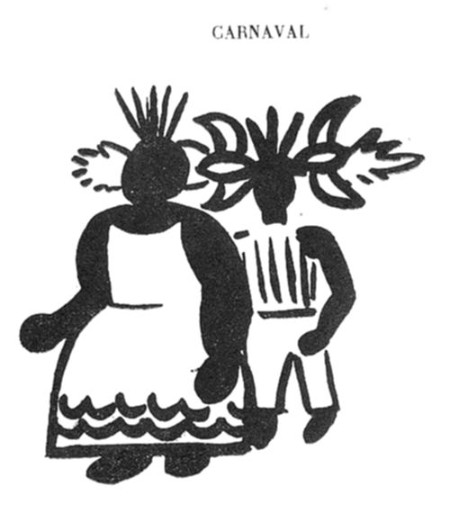 Duas figuras
estilizadas em preto: uma à frente com vestido de babados e cabelo
espetado, e outra atrás usando uma máscara.