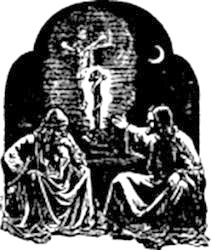 Jesus on the cross; two men sit and talk in the foreground.
