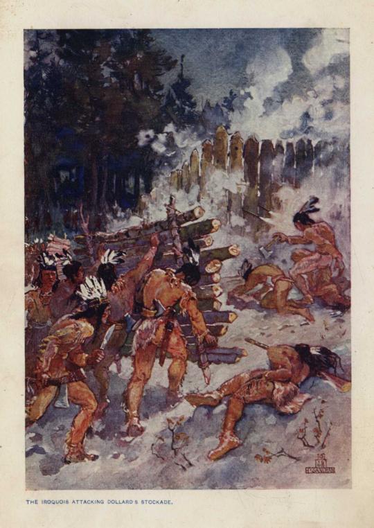 THE IROQUOIS ATTACKING DOLLARD'S STOCKADE.