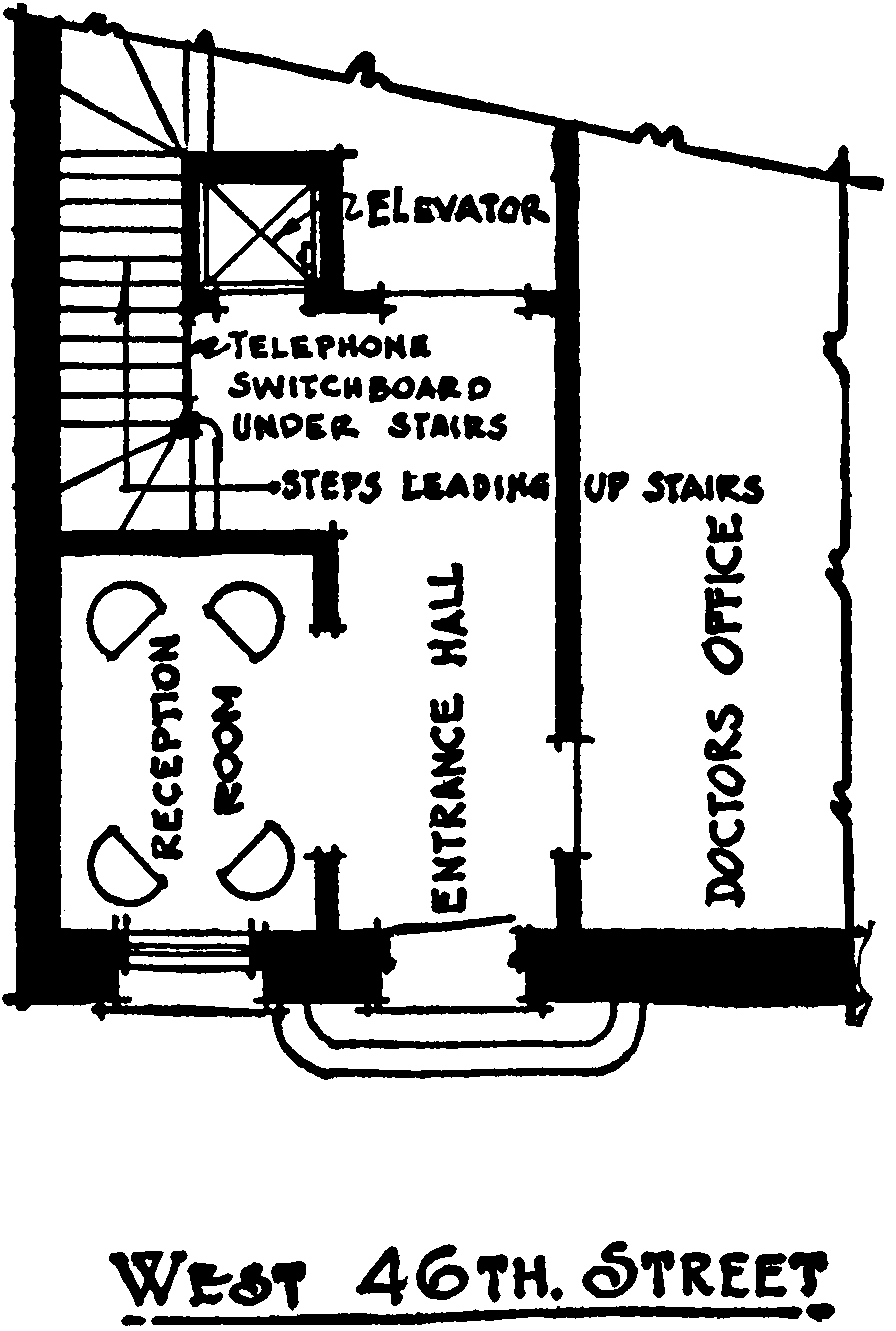 A plan of the ground floor of
    an apartment building in West 46th Street. The entrance is on the
    south side, and an entrance hall leads into a room with an
    elevator. Stairs wind around an elevator shaft, and a small room
    containing a telephone switchboard is next to the elevator doors,
    underneath the stairs. To the left of the entrance hall is a
    reception room.