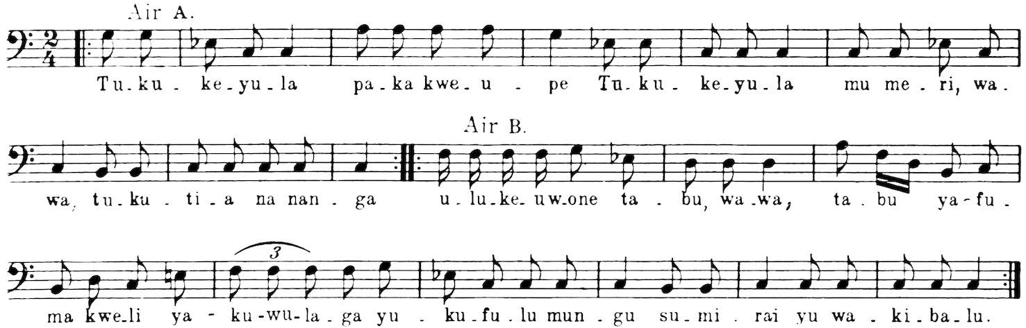 Air A. Tu-ku-ke-yu-la pa-ka kwe-u-pe Tu-ku-ke-yu-la mu me-ri, wa.                             Air B. wa, tu-ku-ti-a na nan-ga u-lu-ke-uw-one ta-bu, wa-wa, ta-bu ya-fu. ma kwe-li ya-ku-wu-la-ga yu-ku-fu-lu mun-gu su-mi-rai yu wa-ki-ba-lu.