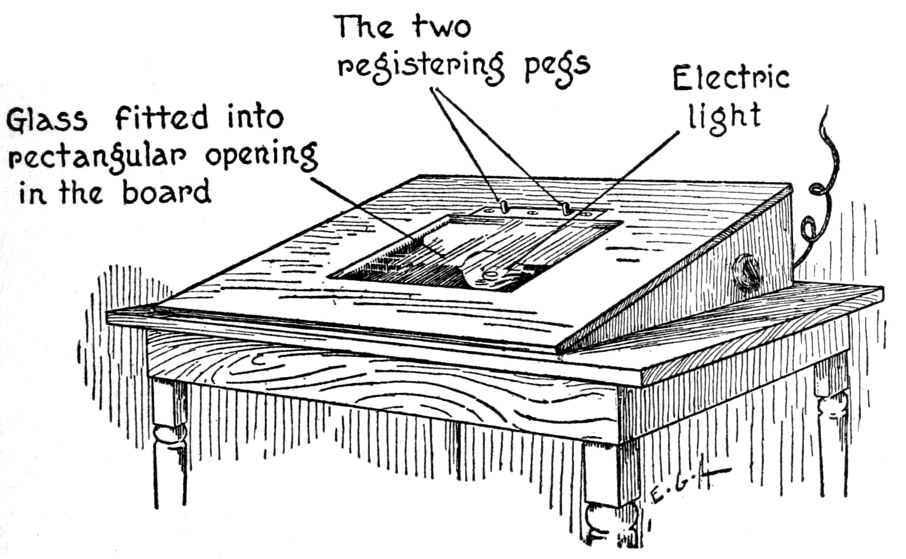 Glass fitted into rectangular 
opening in the board; The two registering pegs; Electric light