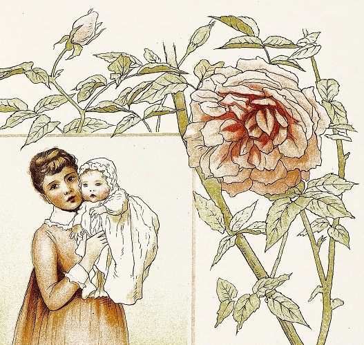 Baby in mother's arms; flower grows around them