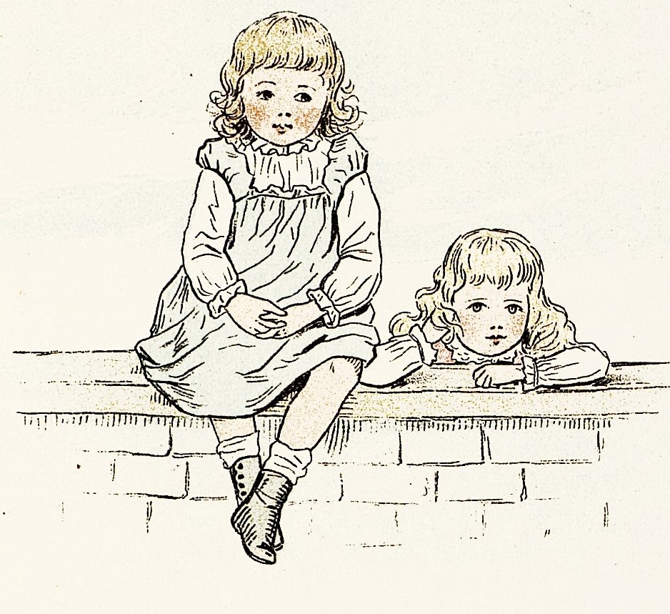 One child sits on a wall, the other stands behind the wall