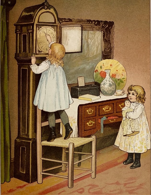 Child on chair reaches up to the clock hands
pointing to twelve while little girl with doll watches